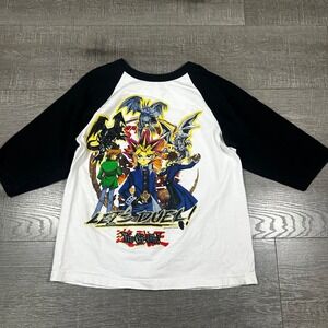Vintage Yu-Gi-Oh Let's Duel Raglan Shirt Boys‎ L 12/14 Black White 1996 Anime